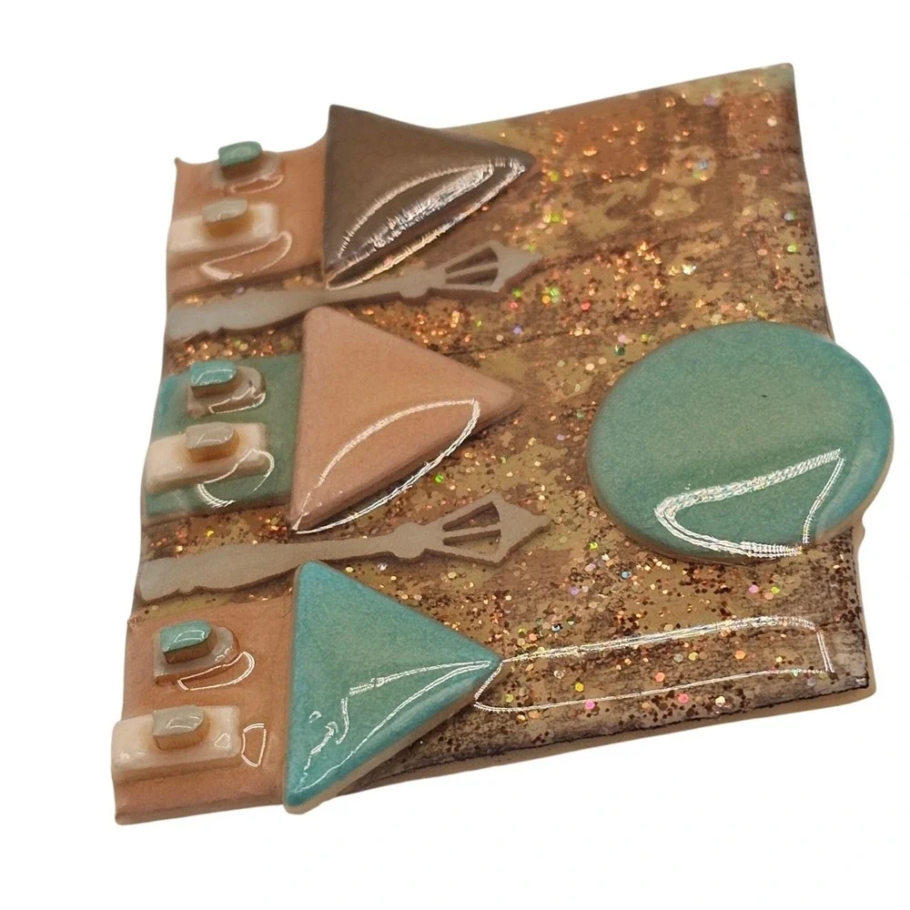 House Pins by Lucinda Brooch‎ Vintage Brown Teal Village Moon Glitter Art Pin